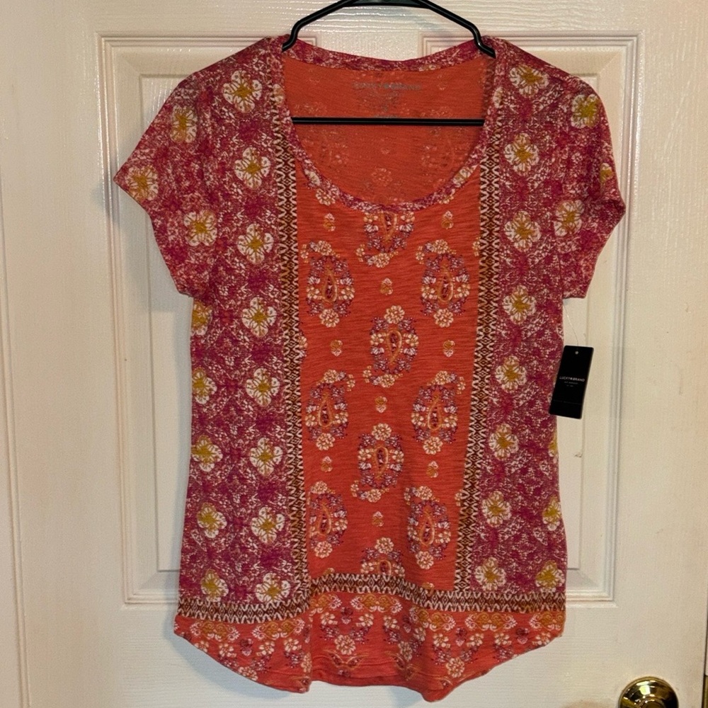NWT Womens Lucky Brand Boho Top S MSRP $39.50 Coral Multi - Picture 5 of 9